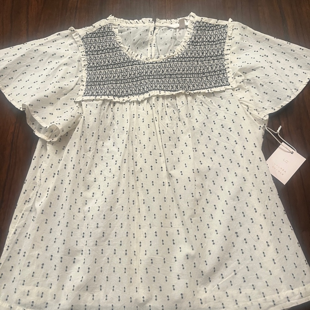 LC Lauren Conrad Cream and Black Patterned Blouse